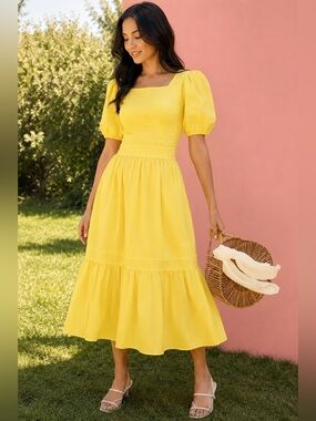 Rachel Parcell Bright Yellow Puff Sleeve Midi Dress Romantic Size Small